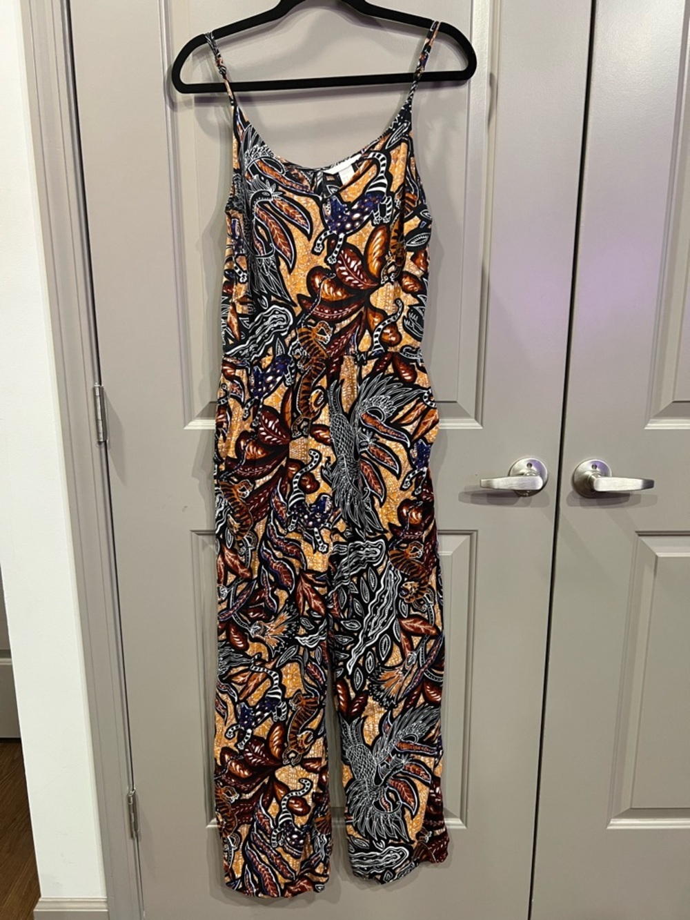 H&M Sleeveless Wide-Leg Jumpsuit in Mustard, Black & Brown Print